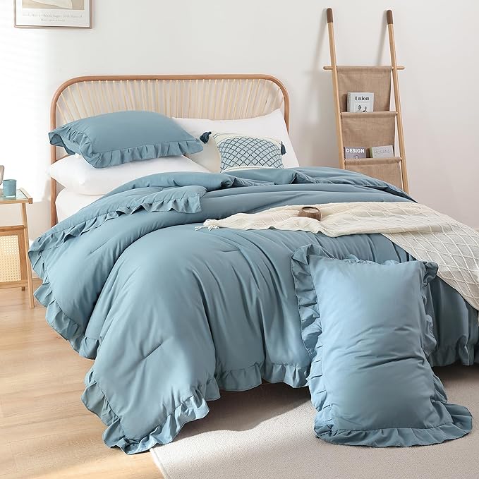 JANZAA Comforter Set Full Size Mineral Blue Ruffle Comforter 3PCS Soft Fluffy Comforter Vintage Farmhouse Bed Comforter Set Shabby Chic Bedding with 2 Pillowcases - LeafyLoom
