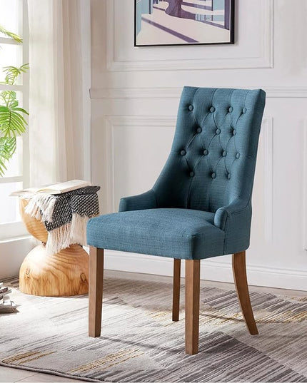 COLAMY Wingback Upholstered Dining Chairs Set of 2, Fabric Side Dining Room Chairs with Tufted Button, Living Room Chairs for Home Kitchen- Dark Blue - LeafyLoom