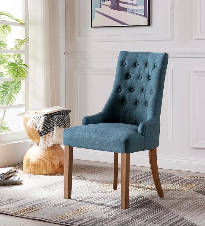 COLAMY Wingback Upholstered Dining Chairs Set of 2, Fabric Side Dining Room Chairs with Tufted Button, Living Room Chairs for Home Kitchen- Dark Blue - LeafyLoom