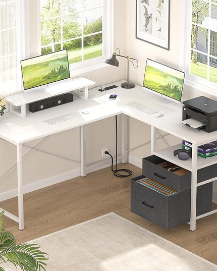 Homieasy L Shaped Computer Desk with Storage File Drawer, Reversible Home Office Desk with Recessed Power Strip and Led Strip, Corner Gaming Desk Work Study Table with Monitor Stand, White - LeafyLoom