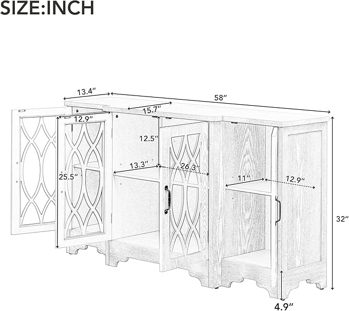 58" Retro Sideboard Glass Door with Curved Line Design,Wood Ample Storage Cabinet,W/Black Handle and Three Adjustable Shelves,for Dining Living Room Entryway - LeafyLoom