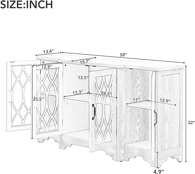 58" Retro Sideboard Glass Door with Curved Line Design,Wood Ample Storage Cabinet,W/Black Handle and Three Adjustable Shelves,for Dining Living Room Entryway,Antique White - LeafyLoom