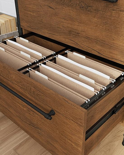 Sauder Iron City Lateral File, L: 31.50" x W: 20.00" x H: 30.00", Checked Oak Finish - LeafyLoom