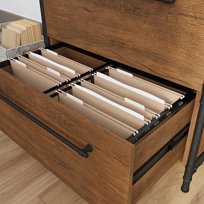 Sauder Iron City Lateral File, L: 31.50" x W: 20.00" x H: 30.00", Checked Oak Finish - LeafyLoom