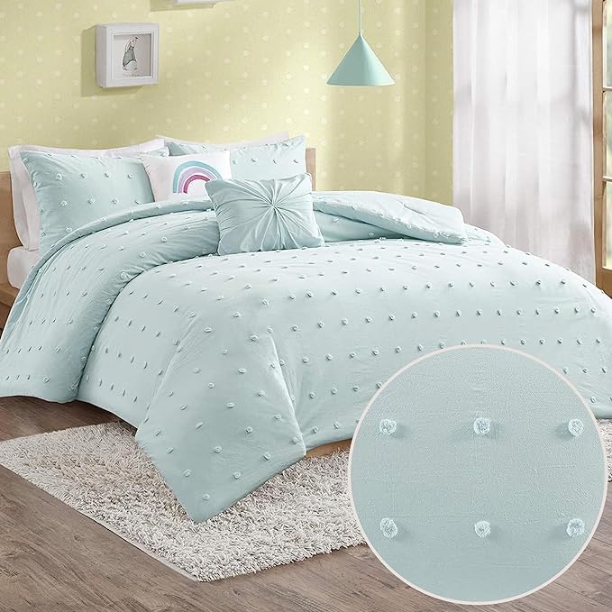 Callie Cotton Jacquard Weave Colorful Pom Pom Kids Comforter sets, Down Alternative Shabby Chic All Season Girls Bedding, Bedroom Decor, Twin/Twin XL, Aqua 4 Piece - LeafyLoom