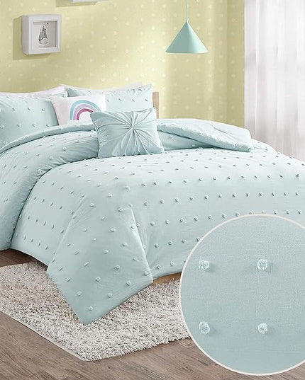 Callie Cotton Jacquard Weave Colorful Pom Pom Kids Comforter sets, Down Alternative Shabby Chic All Season Girls Bedding, Bedroom Decor, Full/Queen,Aqua 5 Piece - LeafyLoom