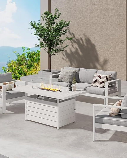 Wisteria Lane Aluminum Patio Furniture Set, 4 Pcs Metal Outdoor Furniture Set with CSA Certified 54in Propane Gas Fire Pit Table, Patio Conversation Set with 5in Olefin Cover Cushions, White - LeafyLoom