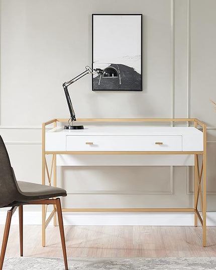 Leick Home Claudette Mixed Metal and Wood Flat Wall Computer Office Writing Desk with Drop Front Keyboard Drawer, White/Satin Gold, 32.13" W - LeafyLoom