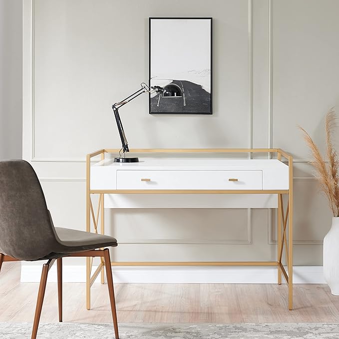 Leick Home Claudette Mixed Metal and Wood Flat Wall Computer Office Writing Desk with Drop Front Keyboard Drawer, White/Satin Gold, 32.13" W - LeafyLoom