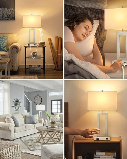 22'' Tall Table Lamps for Bedroom Set of 2, Silver Bedside Touch Control Lamp with 2 USB Ports&AC Outlet, Modern Living Room Table Lamp for Nightstand End Table, 3-Way Dimming with 2 E26 Edison Bulbs - LeafyLoom