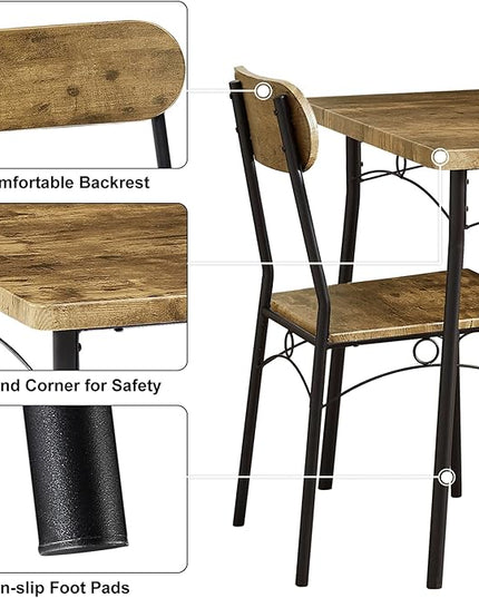 VECELO Dining Table Set for 2 Metal and Wood Square Kitchen Breakfast Nook, 3 Piece Dinette with Chairs, 27.5", Brown - LeafyLoom