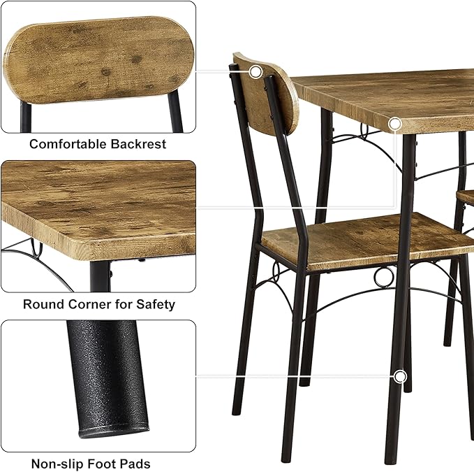 VECELO Dining Table Set for 2 Metal and Wood Square Kitchen Breakfast Nook, 3 Piece Dinette with Chairs, 27.5", Brown - LeafyLoom