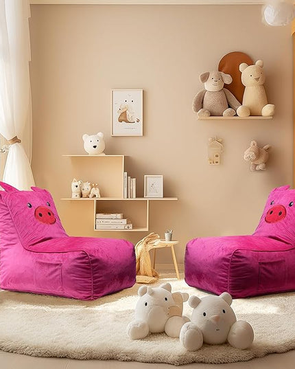 Bean Bag Chair for Kids, Cute Pig L-Shape Animal Bean Bag Sofa with Top Handles and Side Pockets, Cute Soft and Comfy Bean Bag Chair with Filler Included, Ages 1+ Children's Day Gifts - LeafyLoom