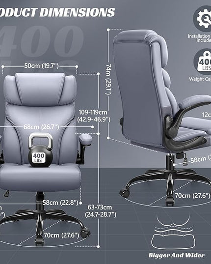 Office Chair, Ergonomic Big and Tall Computer Desk Chairs, Executive Breathable Leather Chair with Adjustable High Back Flip-up Armrests, Lumbar Support Swivel PC Chair with Rocking Function - LeafyLoom