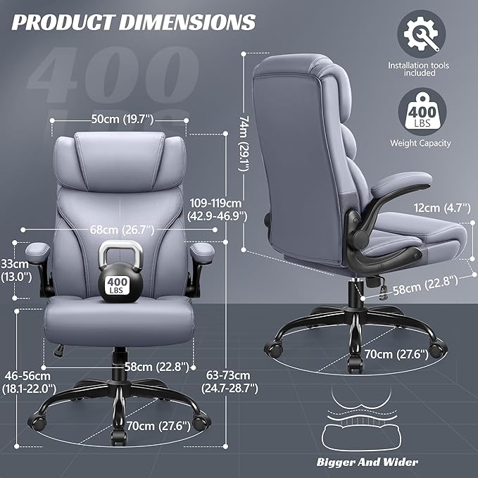 Office Chair, Ergonomic Big and Tall Computer Desk Chairs, Executive Breathable Leather Chair with Adjustable High Back Flip-up Armrests, Lumbar Support Swivel PC Chair with Rocking Function - LeafyLoom