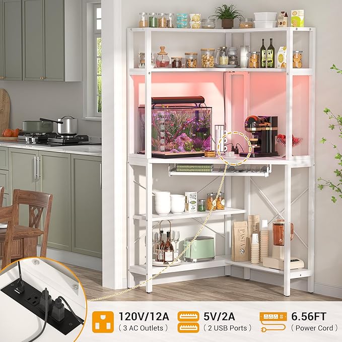 Cyclysio Small Corner Desk with Hutch, Corner Gaming Desk with LED Light & Power Outlets, Computer Desk with Keyboard Tray, Triangel Desk for Small Space, Home Office, Workstation, White - LeafyLoom