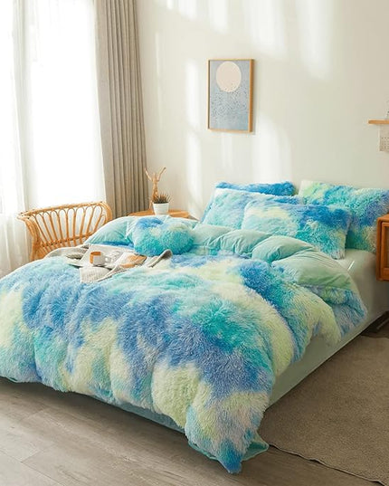Tie dye Plush Fluffy Comforter Cover Set Queen - Ultra Soft Faux Fur tie dye Bedding Sets 3 Pieces (1 Shaggy Duvet Cover + 2 Pillow case) Fluffy Bed Set (Tie Dye Mint, Queen) - LeafyLoom