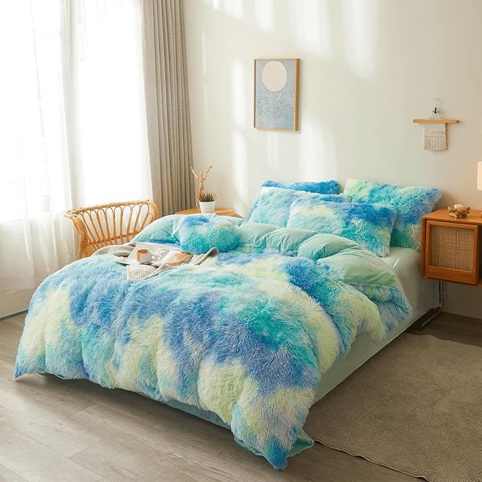 Tie dye Plush Fluffy Comforter Cover Set Queen - Ultra Soft Faux Fur tie dye Bedding Sets 3 Pieces (1 Shaggy Duvet Cover + 2 Pillow case) Fluffy Bed Set (Tie Dye Mint, Queen) - LeafyLoom