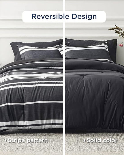 Bedsure Bed in a Bag Queen 7 Pieces, Black White Striped Bedding Comforter Sets All Season Bed Set, 2 Pillow Shams, Flat Sheet, Fitted Sheet and 2 Pillowcases - LeafyLoom