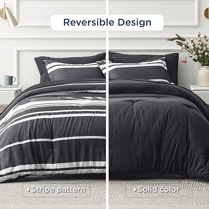 Bedsure Bed in a Bag California King Size 7 Pieces, Black White Striped Bedding Comforter Sets All Season Bed Set, 2 Pillow Shams, Flat Sheet, Fitted Sheet and 2 Pillowcases - LeafyLoom