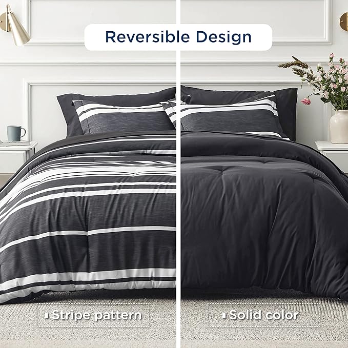 Bedsure Bed in a Bag Full Size 7 Pieces, Black White Striped Bedding Comforter Sets All Season Bed Set, 2 Pillow Shams, Flat Sheet, Fitted Sheet and 2 Pillowcases - LeafyLoom