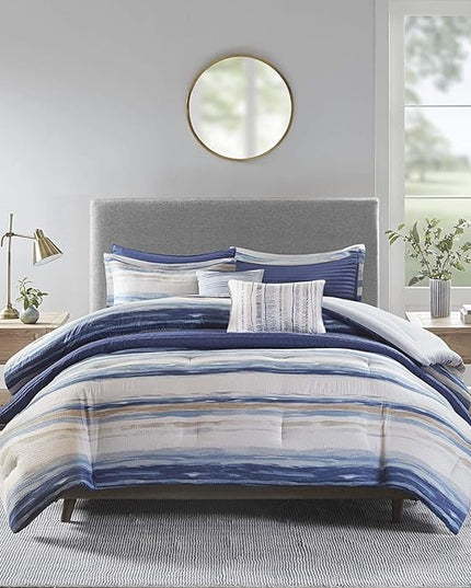 Madison Park Marina Comforter Quilt Combo Set - Modern Luxury Design, All Season Down Alternative Bedding, Matching Shams, Decorative Pillows, King/Cal King(104"x92") Seersucker Blue 8 Piece - LeafyLoom