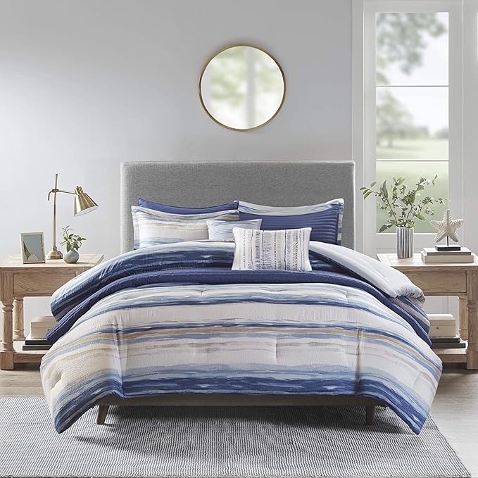 Madison Park Marina Comforter Quilt Combo Set - Modern Luxury Design, All Season Down Alternative Bedding, Matching Shams, Decorative Pillows, King/Cal King(104"x92") Seersucker Blue 8 Piece - LeafyLoom