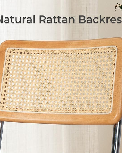 Dining Chair Set of 2, Mid-Century Modern Rattan Dining Chairs with Metal Chrome Legs, Natural Cane Backrest Upholstered for Home Kitchen，Dining Room and Patio, Aqua Blue - LeafyLoom