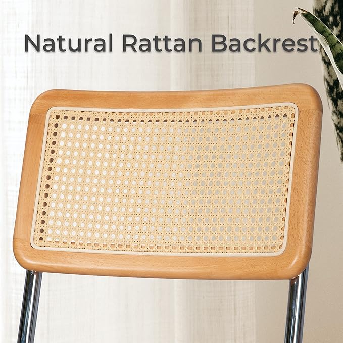 Dining Chair Set of 2, Mid-Century Modern Rattan Dining Chairs with Metal Chrome Legs, Natural Cane Backrest Upholstered for Home Kitchen，Dining Room and Patio, Aqua Blue - LeafyLoom