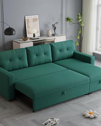 82'' L Shaped Pull Out Couch with Storage Chaise,Convertible Sectional Sleeper Sofa Bed W/ 3 Removable Back Cushions for Living Room,Office,Apartment,Green, 82" - LeafyLoom