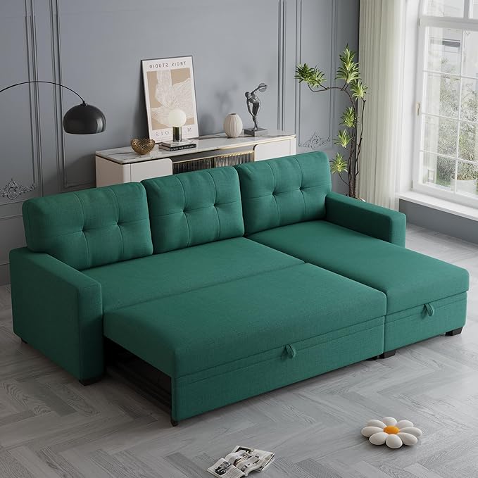82'' L Shaped Pull Out Couch with Storage Chaise,Convertible Sectional Sleeper Sofa Bed W/ 3 Removable Back Cushions for Living Room,Office,Apartment,Green, 82" - LeafyLoom
