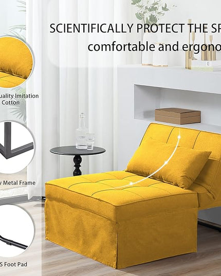 Sofa Bed, 4 in 1 Multi-Function Folding Ottoman Breathable Linen Couch Bed with Adjustable Backrest Modern Convertible Chair for Living Room Apartment Office, Yellow - LeafyLoom