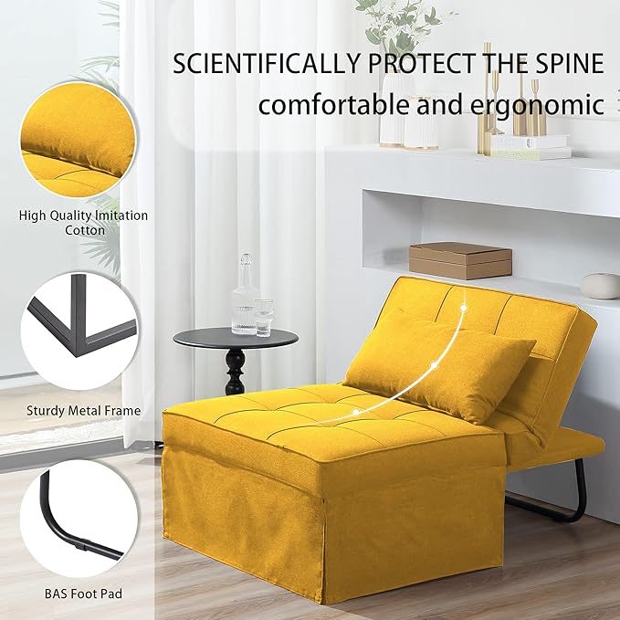 Sofa Bed, 4 in 1 Multi-Function Folding Ottoman Breathable Linen Couch Bed with Adjustable Backrest Modern Convertible Chair for Living Room Apartment Office, Yellow - LeafyLoom