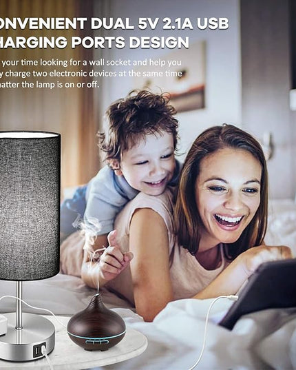 Black Touch Control Table Lamp Set of 2, with 2 USB Charging Ports&AC Outlet, 3-Way Dimmable Bedside Nightstand Lamps with Fabric Lampshade for Reading, Bedroom, Living Room, A19 LED Bulbs Included - LeafyLoom