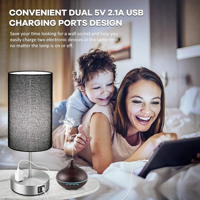 Black Touch Control Table Lamp Set of 2, with 2 USB Charging Ports&AC Outlet, 3-Way Dimmable Bedside Nightstand Lamps with Fabric Lampshade for Reading, Bedroom, Living Room, A19 LED Bulbs Included - LeafyLoom