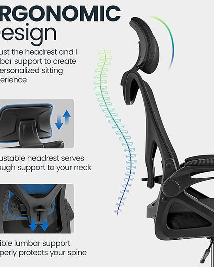 Yaheetech Ergonomic Office Chair, High Back Desk Chair with with flip-up Armrests, Adjustable Padded Headrest Mesh Computer Chair with Lumbar Support for Home Office Meeting Room, Black - LeafyLoom