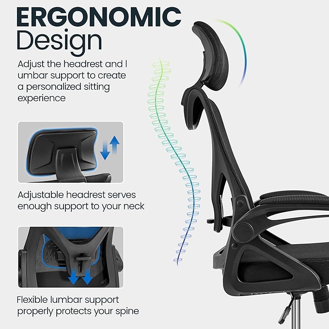 Yaheetech Ergonomic Office Chair, High Back Desk Chair with with flip-up Armrests, Adjustable Padded Headrest Mesh Computer Chair with Lumbar Support for Home Office Meeting Room, Black - LeafyLoom