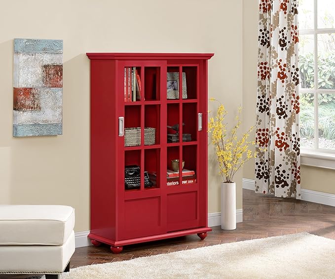 Ameriwood Home Aaron Lane Bookcase with Sliding Glass Doors, Red - LeafyLoom