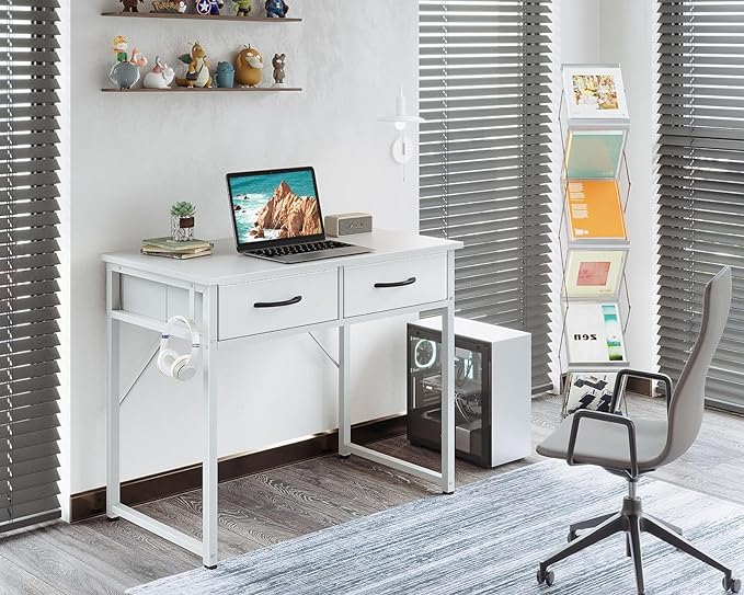 ODK Small Desk with Fabric Drawers- for Bedroom, White Vanity Desk with Storage, Home Office Computer Desk for Small Spaces, 32 Inch Modern Work Writing Study Table, White - LeafyLoom