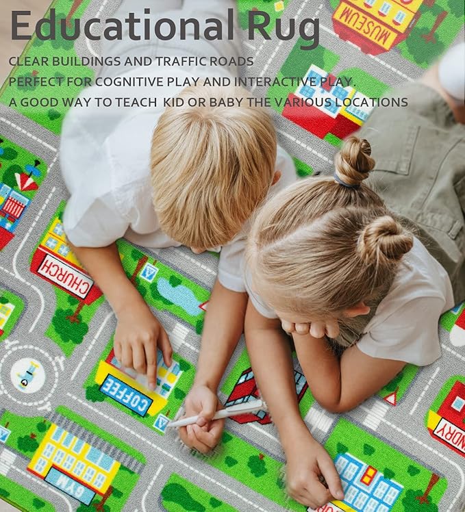 Kids Carpet Playmat Car Play Rug City Life Traffic Road Kids Rug 5' x 6'6" Large Children Educational & Game Area Rug for Toddler Boys Bedroom Playroom Classroom - LeafyLoom
