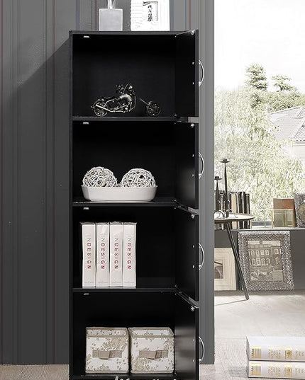 HODEDAH IMPORT 4-Shelf Bookcase Cabinet, Black - LeafyLoom