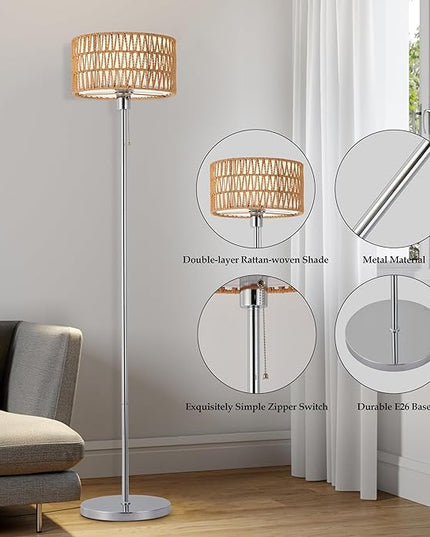 Rattan Floor Lamp for Living Room, Boho Standing Lamp with 3 Color Temperatures, Farmhouse Floor Lamp Wicker Lamp Double Shades, Bohemian Floor Lamps for Bedroom, Office(Chrome) - LeafyLoom