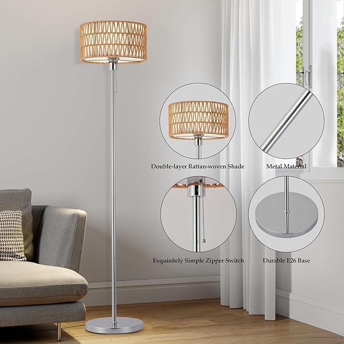 Rattan Floor Lamp for Living Room, Boho Standing Lamp with 3 Color Temperatures, Farmhouse Floor Lamp Wicker Lamp Double Shades, Bohemian Floor Lamps for Bedroom, Office(Chrome) - LeafyLoom