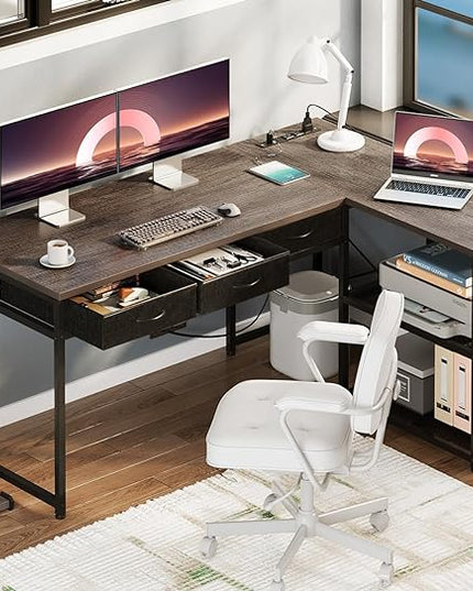 AODK 53 Inch L Shaped Computer Desk with Drawers, Corner Desk with Power Outlets & Reversible Storage Shelves, Movable CPU Stand for Home Office Gaming, Oak Grey - LeafyLoom