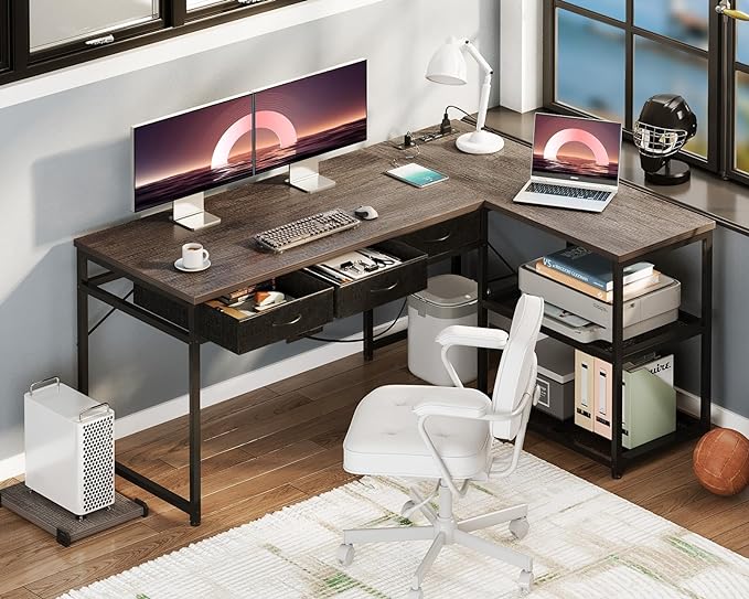 AODK 53 Inch L Shaped Computer Desk with Drawers, Corner Desk with Power Outlets & Reversible Storage Shelves, Movable CPU Stand for Home Office Gaming, Oak Grey - LeafyLoom