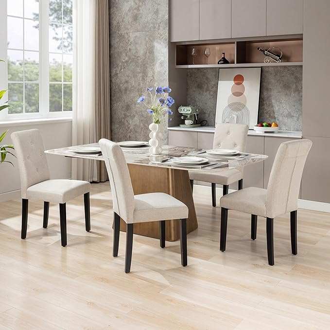 VECELO Upholstered Dining Chairs Set of 2 Modern Fabric and Solid Wood Legs & High Back, Parsons for Kitchen/Living Room-Beige - LeafyLoom