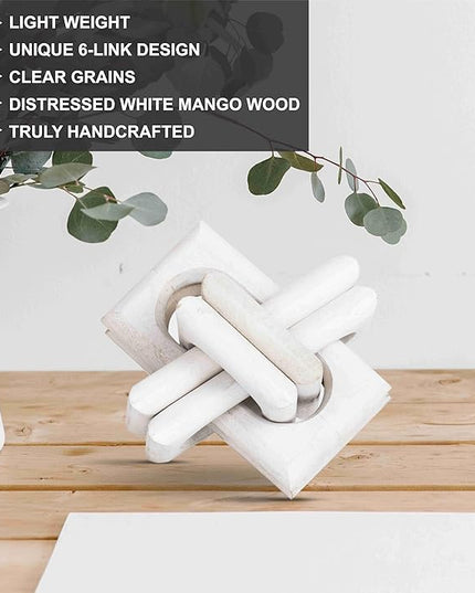 Wood Knot Decor Entry Table Boho Shelf Decor 6 Link Interlock Coffee Table Decor for Living Room and Modern Farmhouse Hand Crafted Distressed White Mango Wood Console Table Decor (White) - LeafyLoom