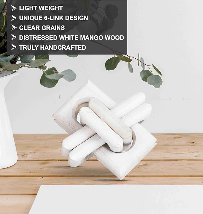 Wood Knot Decor Entry Table Boho Shelf Decor 6 Link Interlock Coffee Table Decor for Living Room and Modern Farmhouse Hand Crafted Distressed White Mango Wood Console Table Decor (White) - LeafyLoom