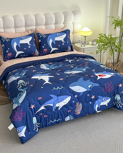 Boys Sharks Comforter Set Twin Size 7 Piece Cute Ocean Animal Jellyfish 3D Printed Bedding Set Bed in A Bag for Kids Girls Teens Lightweight Soft Bed Set All Seasons Navy Blue - LeafyLoom
