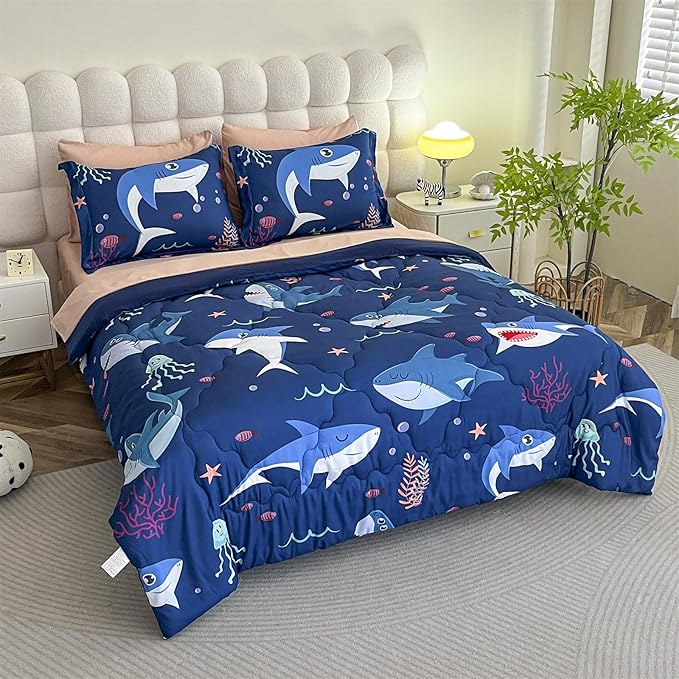 Boys Sharks Comforter Set Twin Size 7 Piece Cute Ocean Animal Jellyfish 3D Printed Bedding Set Bed in A Bag for Kids Girls Teens Lightweight Soft Bed Set All Seasons Navy Blue - LeafyLoom